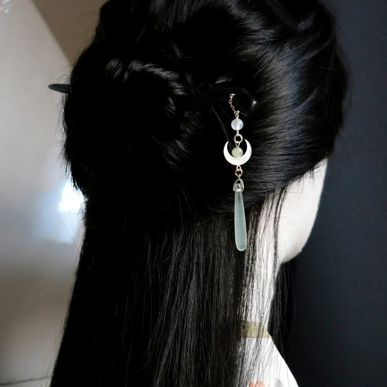 Traditional Wooden Black Hair Stick Chinese Style Hanfu Moon Tassel Hair Pin Clips Vintage Chopstick Headwear For Women Jewelry