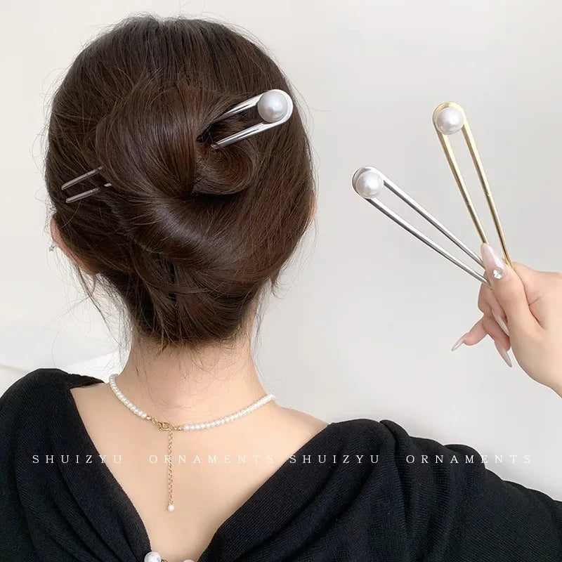 Simple Imitation Pearl Hair Sticks Elegant U-Shape Metal Hairpins For Women Girls Fashion Bun Styling Tools Hair Accessories