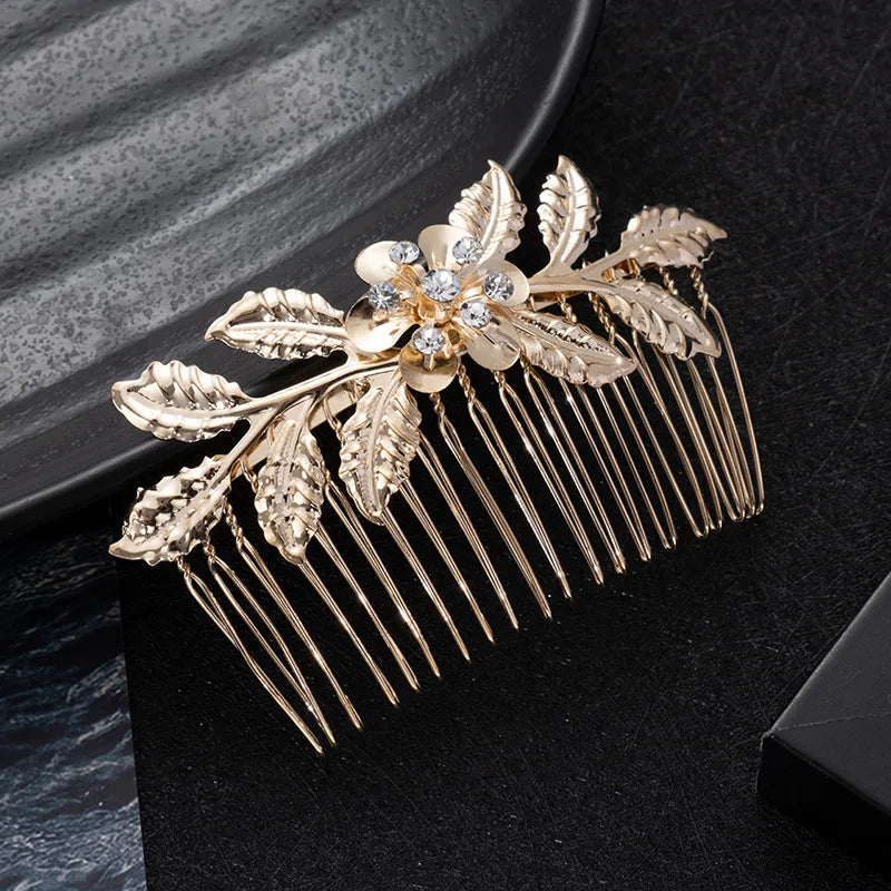 Gold Color Metal Leaf Hair Clip Girls Wedding Hairpin Barrette Flowers Rhinestone Hair Comb Hairpins Women Accessories Jewelry