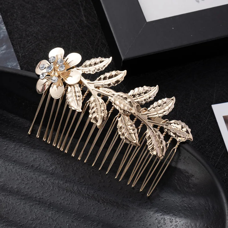 Gold Color Metal Leaf Hair Clip Girls Wedding Hairpin Barrette Flowers Rhinestone Hair Comb Hairpins Women Accessories Jewelry