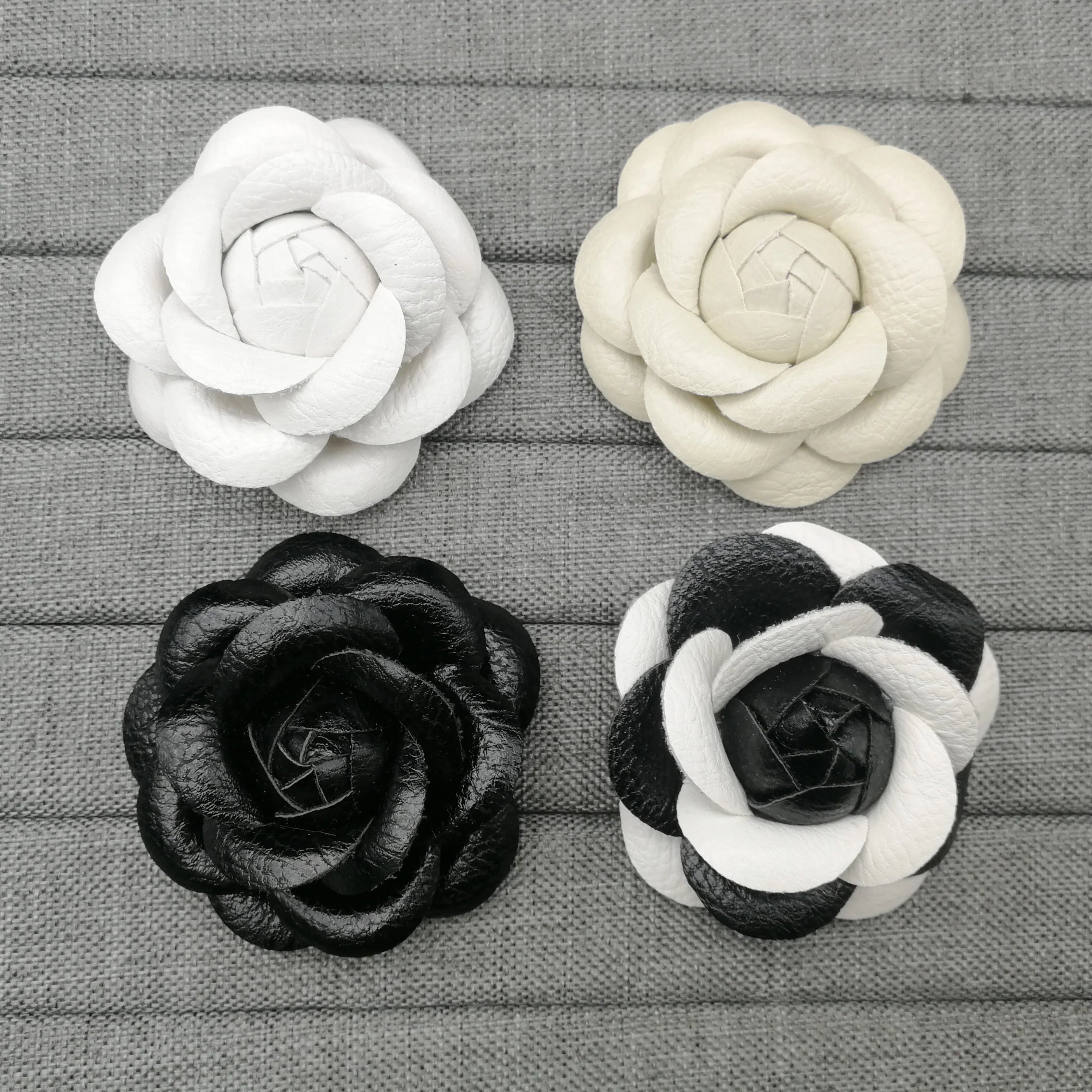 New Korean Handmade PU Leather Camellia Flower Brooches for Women Big Black White Brooch Pin Girls Gift Clothing Accessories