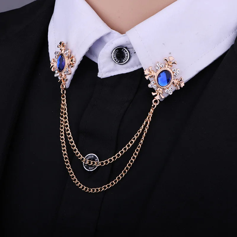 Fashion Tassel Crystal Cross Chain Brooch Men's Shirt Collar Pins and Brooches Personality Lapel Pin Buckle Women Accessories