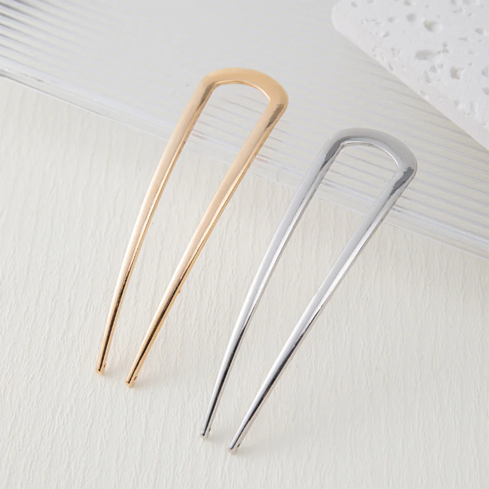 U-Shaped Hair Fork Elegant Gold Color Alloy Long Thick Hair Updo Bun French Hairpin Stick Women Girls Hair Jewelry Accessories