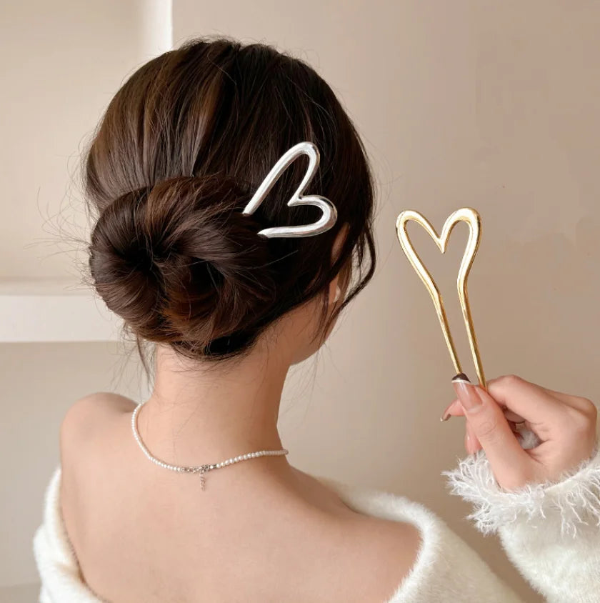 Korean Hair Accessories Metal U Shape Hair Pins For Women Girls Silver Gold Color Hairwear Simple Heart Shaped Hair Sticks Gifts