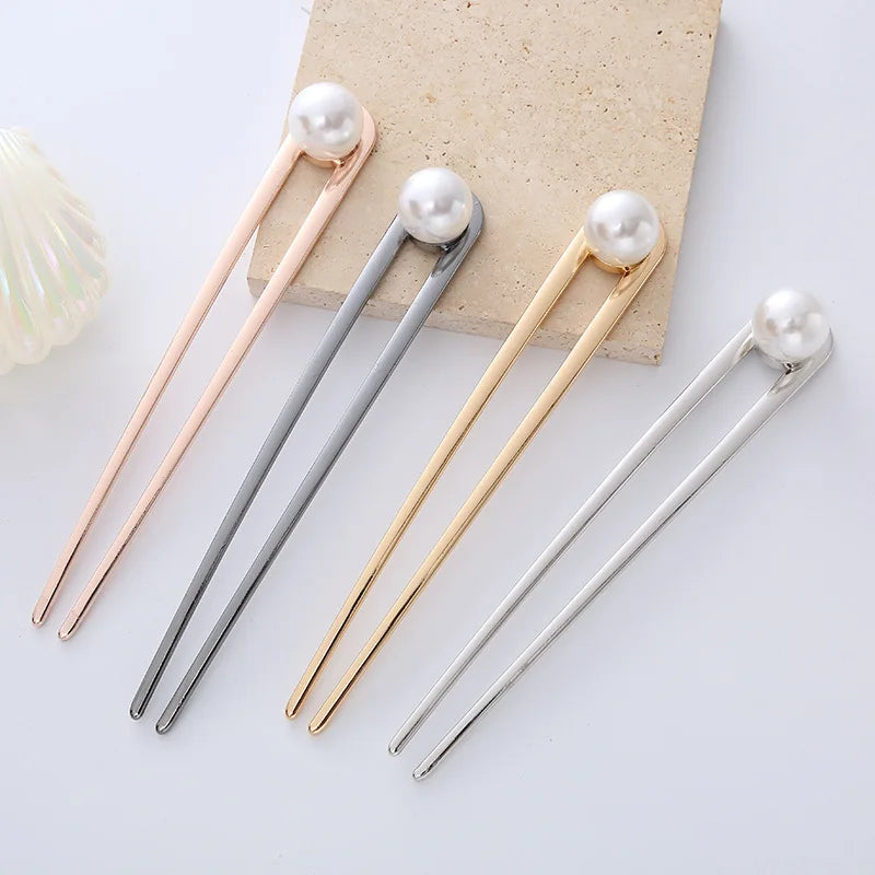 Simple Imitation Pearl Hair Sticks Elegant U-Shape Metal Hairpins For Women Girls Fashion Bun Styling Tools Hair Accessories