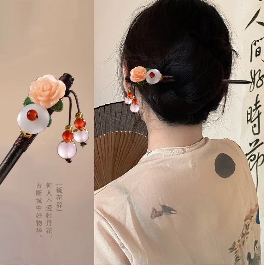 Wood Tassel Step Shaking Hairpin Chopstick Hair Stick Ancient Hair Ornament Pan Headdress Flower Hair Styling Accessories Gifts