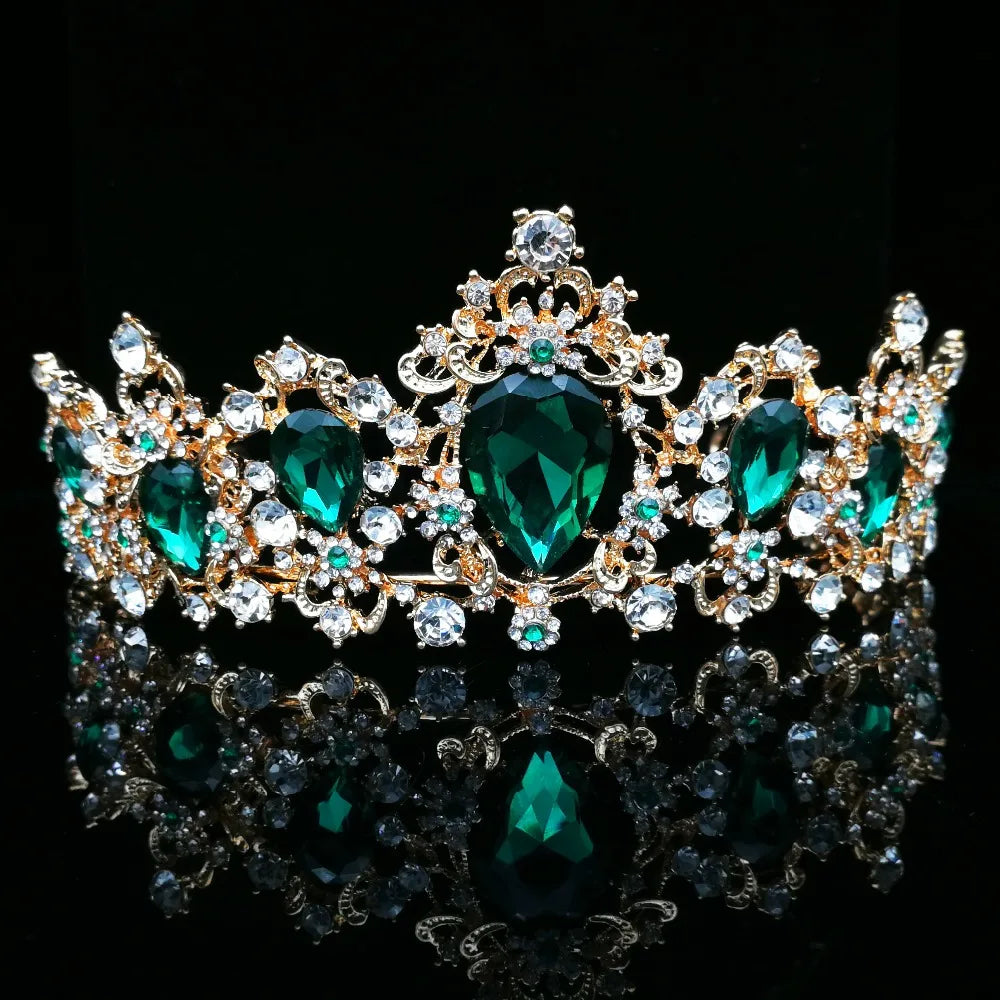 Baroque Vintage Green Royal Tiara Crowns Bride Blue Red Queen Crown Bridal Headband Wedding Tiara For Women Hair Jewelry