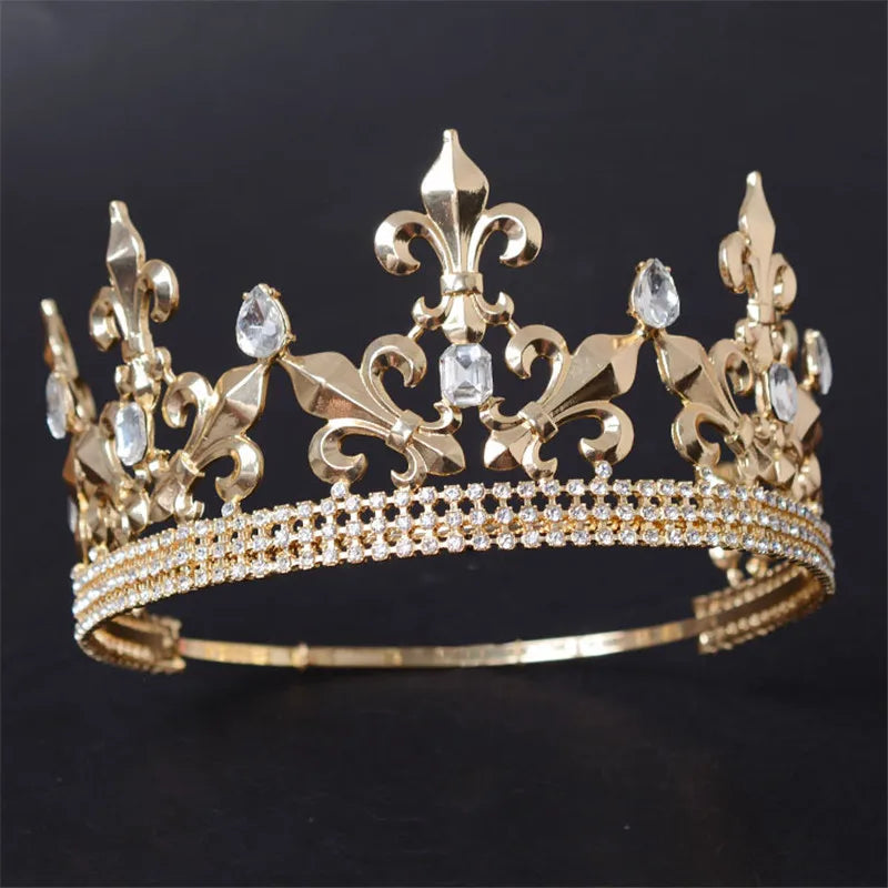 Adjustable Round Wedding King Tiara Crown Headpiece For Men Party Hair Ornaments Rhinestone Head Jewelry Accessories