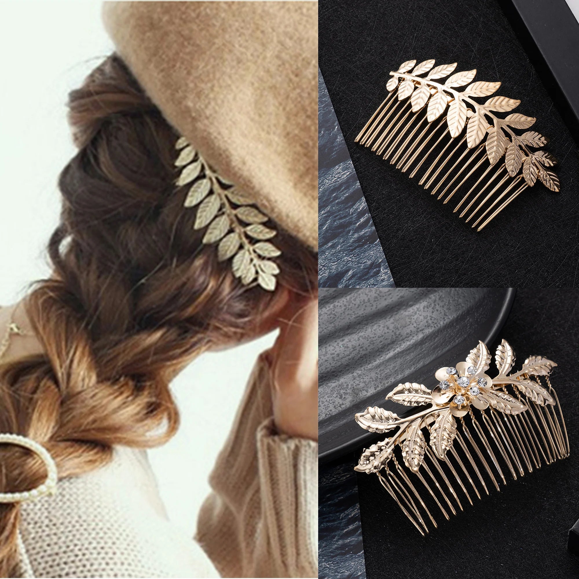 Gold Color Metal Leaf Hair Clip Girls Wedding Hairpin Barrette Flowers Rhinestone Hair Comb Hairpins Women Accessories Jewelry